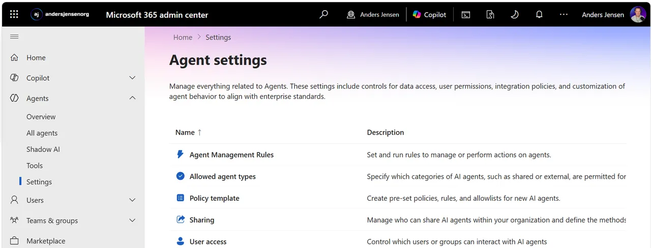 The Agent settings page in the Microsoft 365 admin center with the five controls: Agent Management Rules, Allowed agent types, Policy template, Sharing, and User access