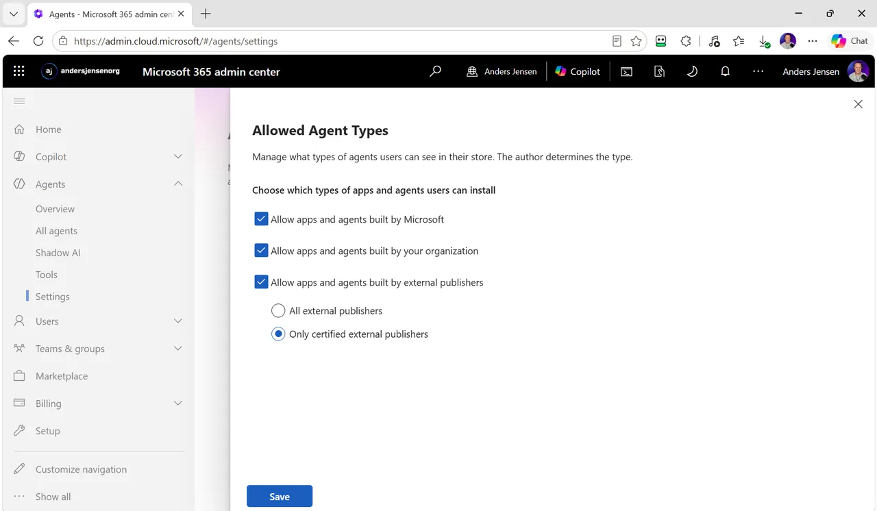 The Allowed Agent Types setting in the Microsoft 365 admin center with all three agent types allowed and Only certified external publishers selected