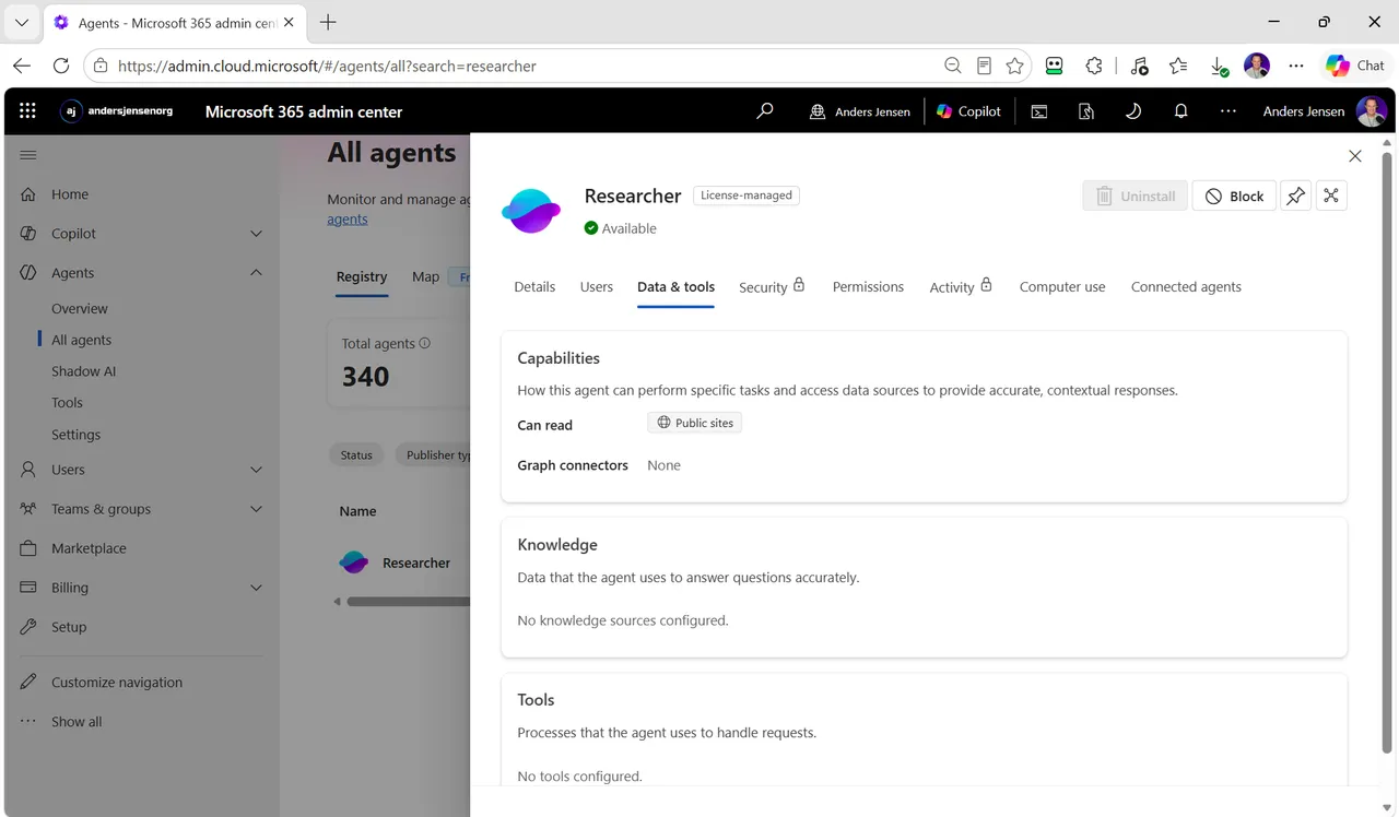 The Researcher agent's Data and tools tab in the Microsoft 365 admin center showing access to public sites and no Graph connectors, knowledge sources, or tools