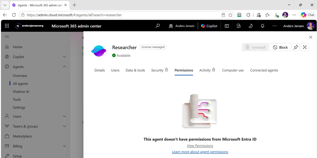 The Researcher agent's Permissions tab in the Microsoft 365 admin center with the message that the agent has no permissions from Microsoft Entra ID