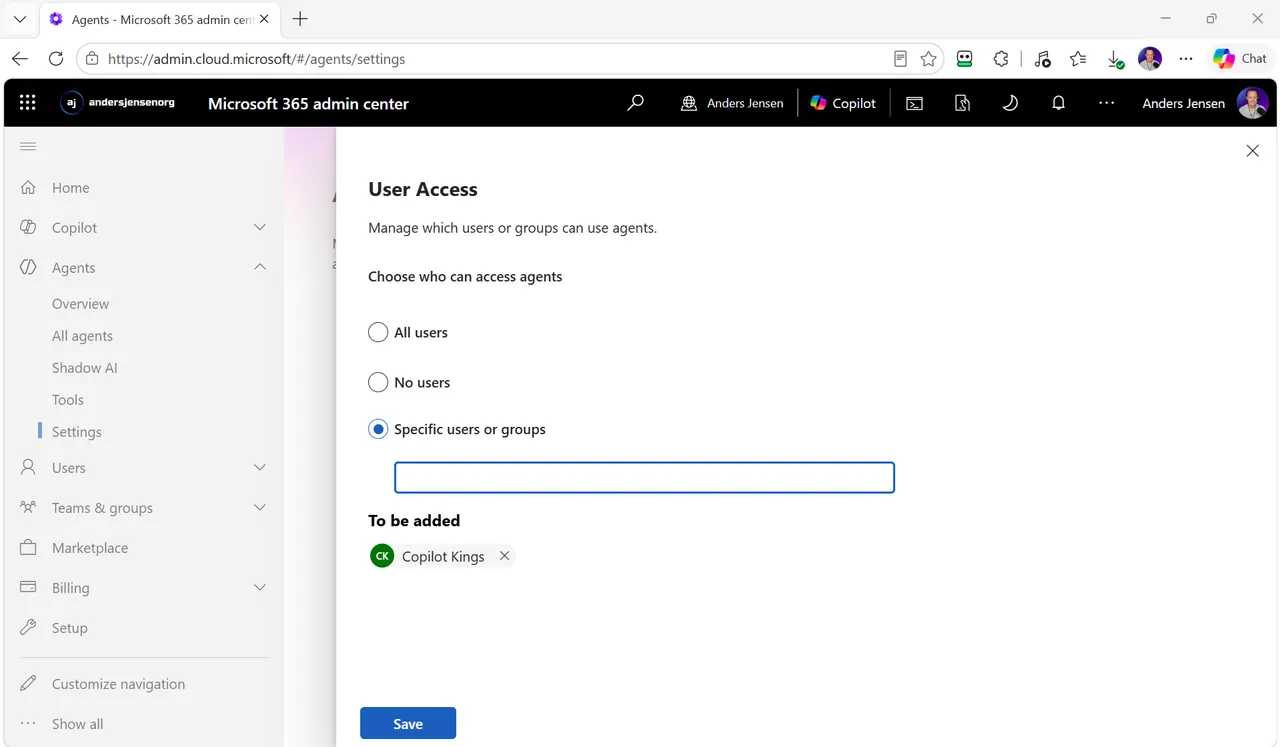 The User access setting in the Microsoft 365 admin center with Specific users or groups selected and a pilot group ready to be added