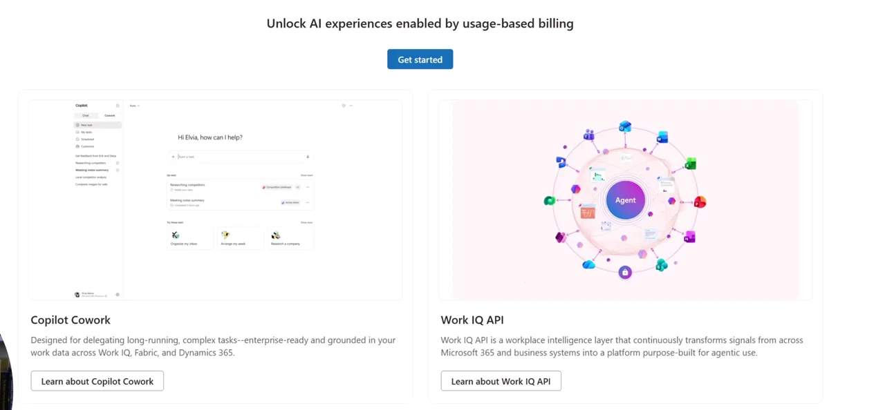 Cost management-siden i Microsoft 365 admin center med Get started-knappen og kort for Copilot Cowork og Work IQ API