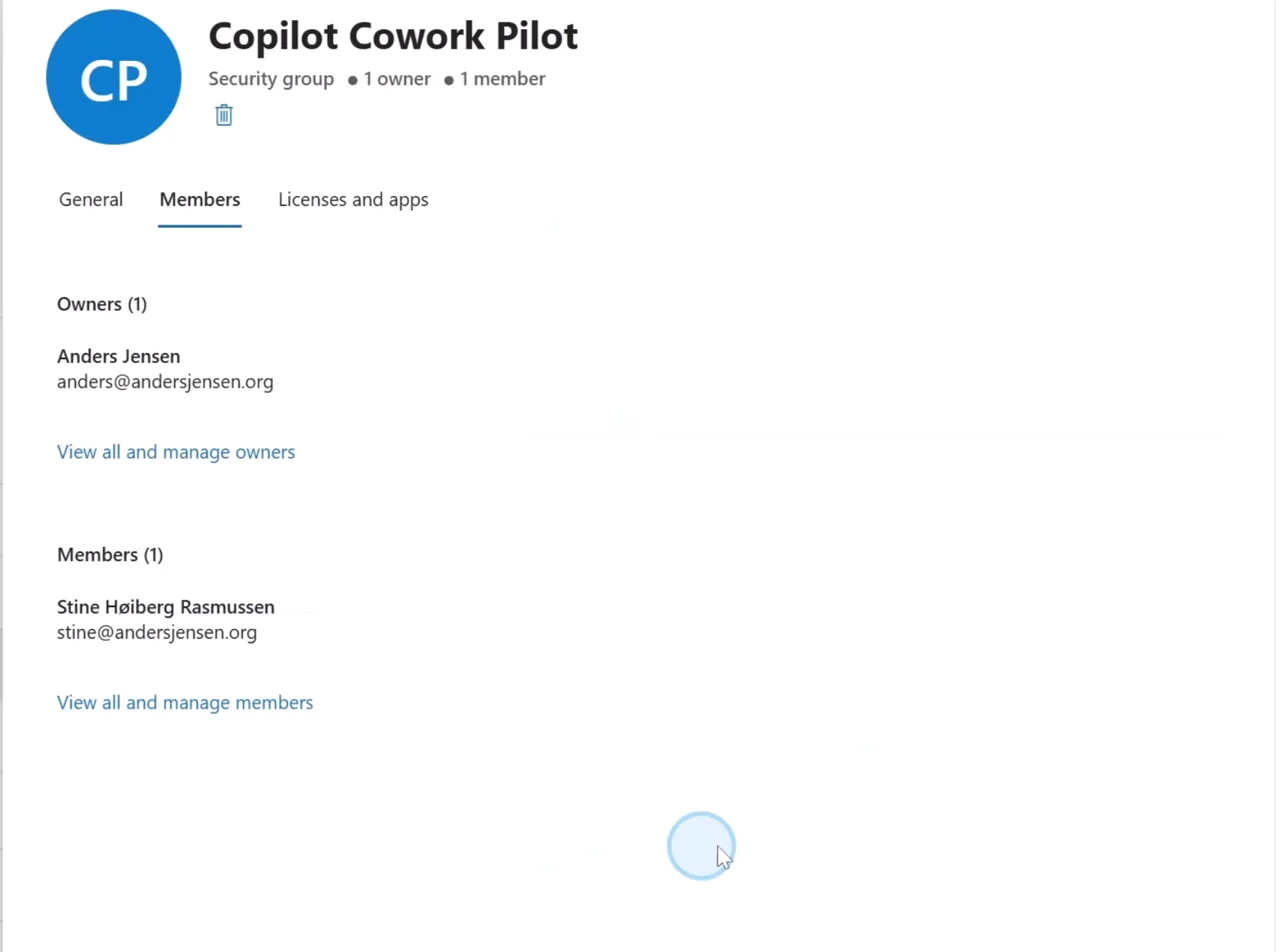 Security-gruppen Copilot Cowork Pilot med én owner og ét medlem tilføjet