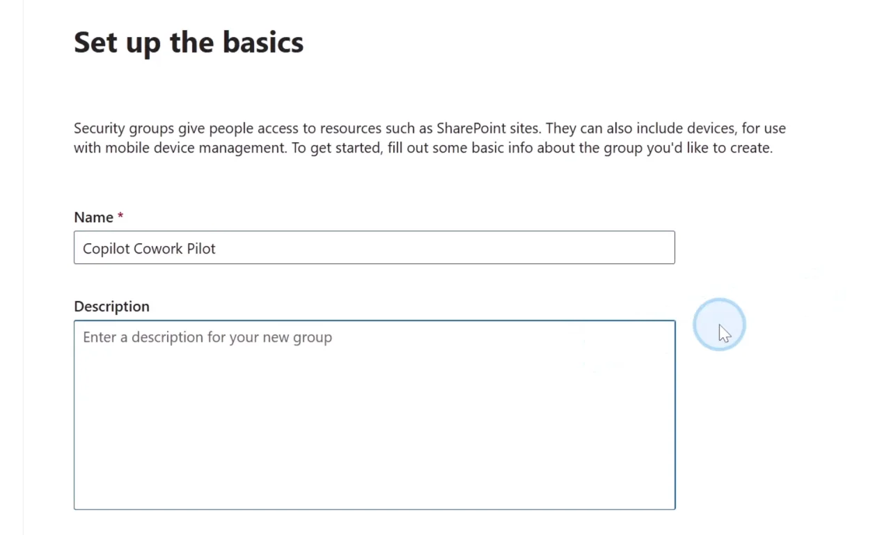 Guiden Set up the basics i Microsoft 365 admin center med gruppenavnet Copilot Cowork Pilot udfyldt