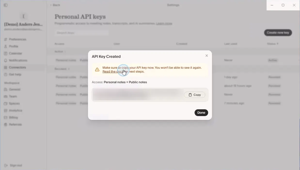 Dialogen API Key Created i Granola med den nye nøgle sløret og en advarsel om, at den kun vises én gang