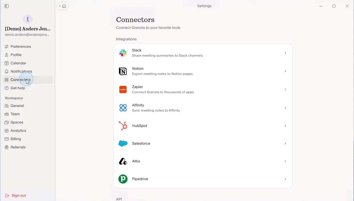 Granolas indstillinger med Connectors-siden åben og listen over integrationer