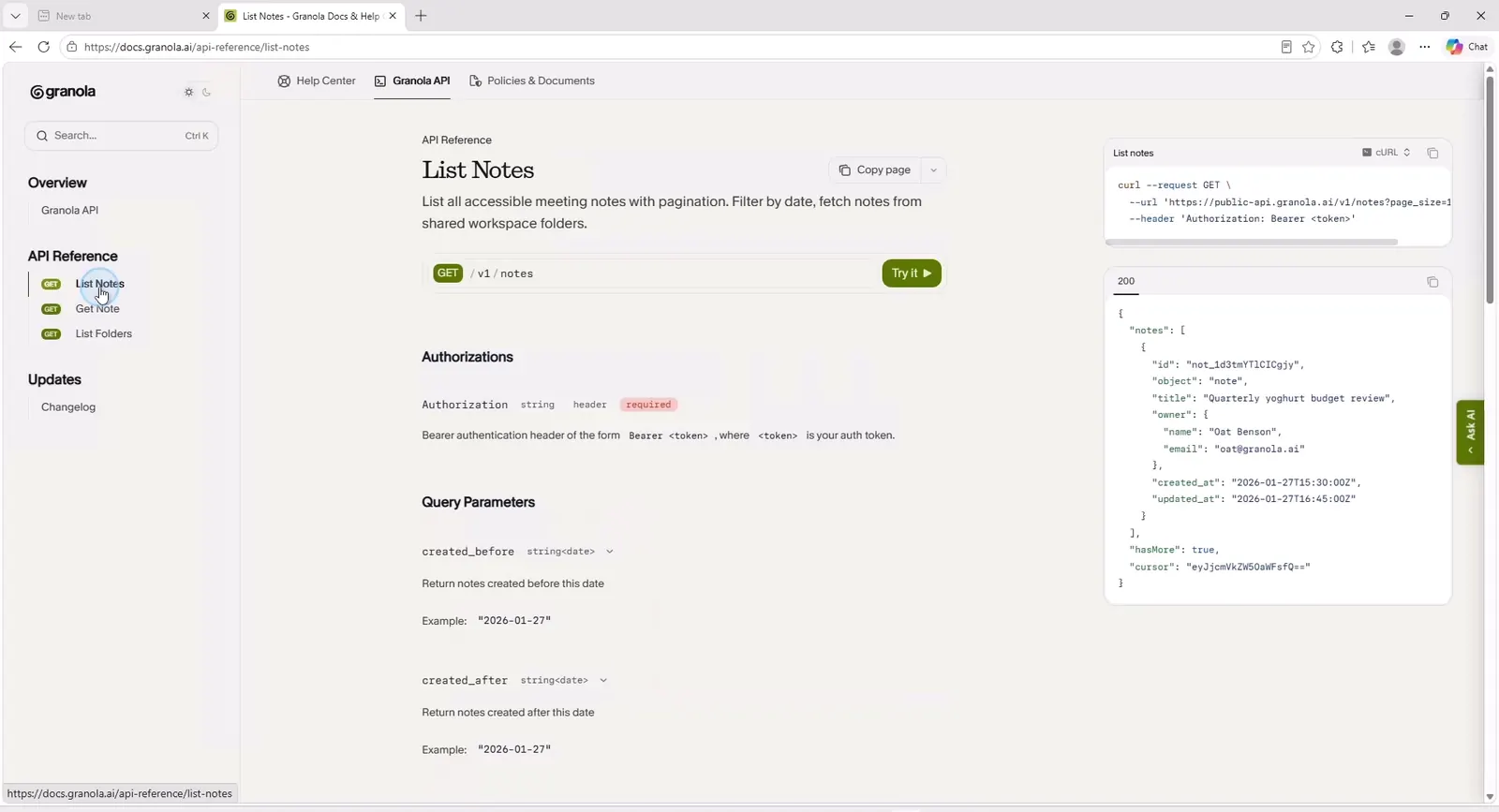 API-dokumentationen for List Notes med metode, URL, autorisation og eksempel på svaret