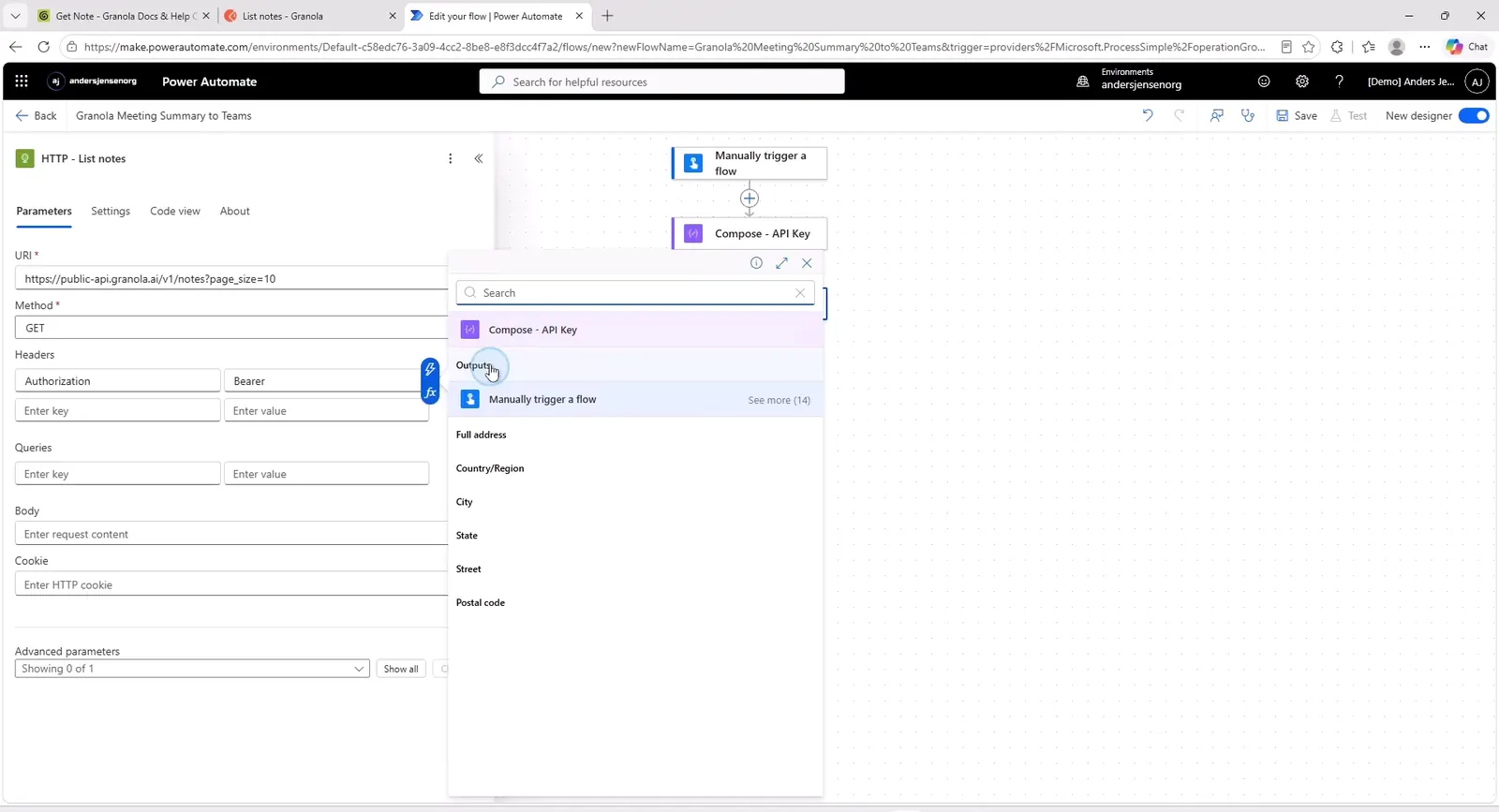 Dynamic content-vælgeren i Power Automate, hvor outputtet fra Compose - API Key sættes ind i Authorization-headeren
