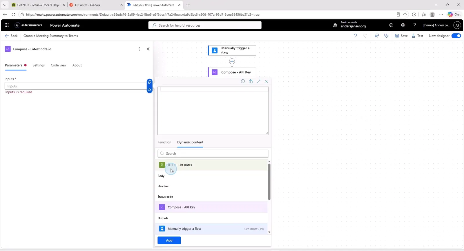 Expression-editoren i Power Automate med udtrykket, der henter id på den første note i listen