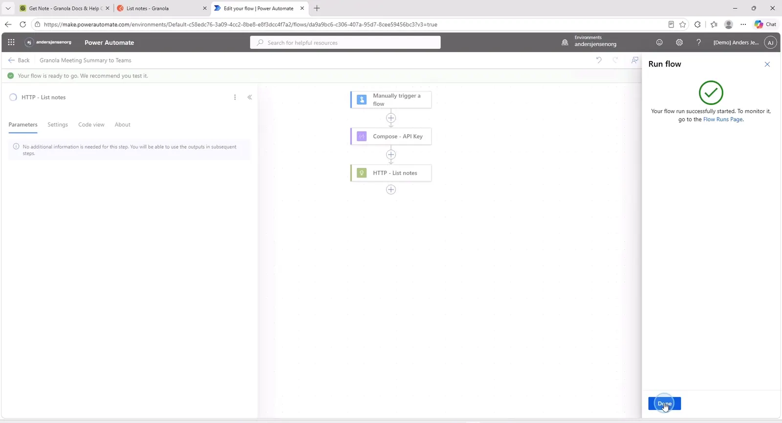 Power Automate viser Your flow ran successfully efter første testkørsel
