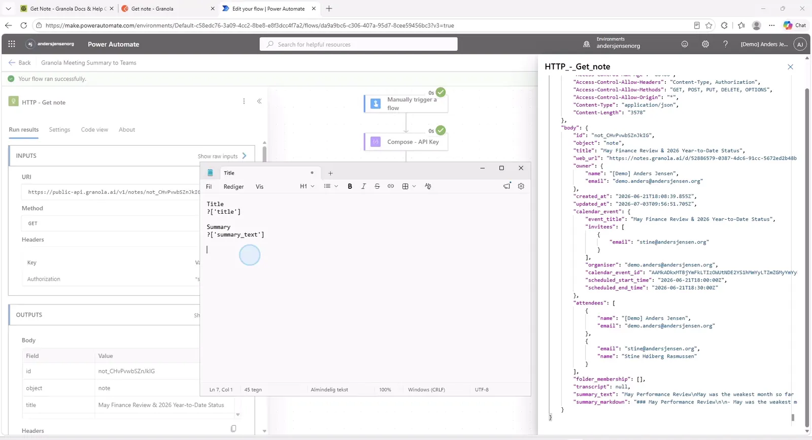 Kørselsresultatet fra HTTP - Get note med referatets titel, resumé og web-link i JSON-svaret