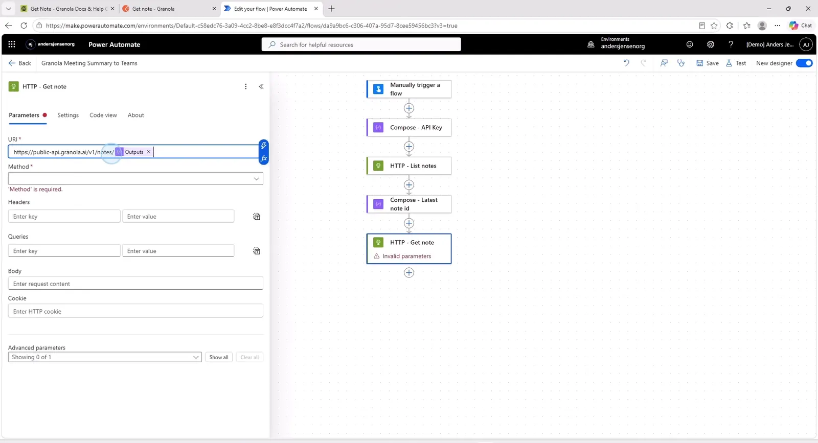 HTTP - Get note-handlingen i Power Automate med det dynamiske note-id sat ind i URL'en