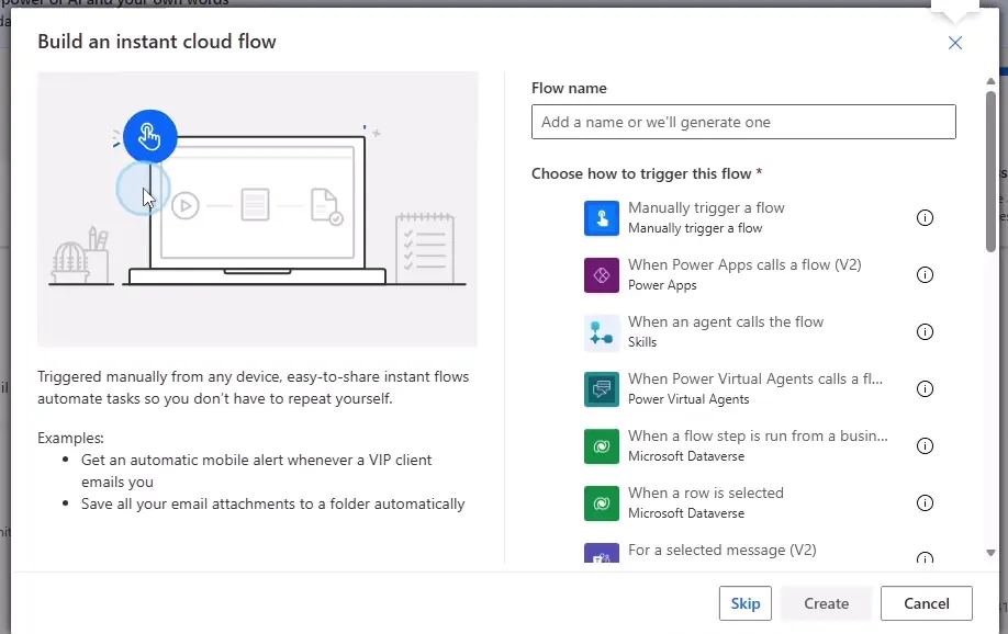 Dialogen Build an instant cloud flow i Power Automate med flownavn og manuel trigger valgt