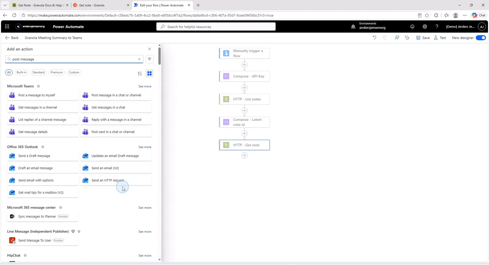 Handlingslisten i Power Automate med Microsoft Teams-handlingen Post message in a chat or channel