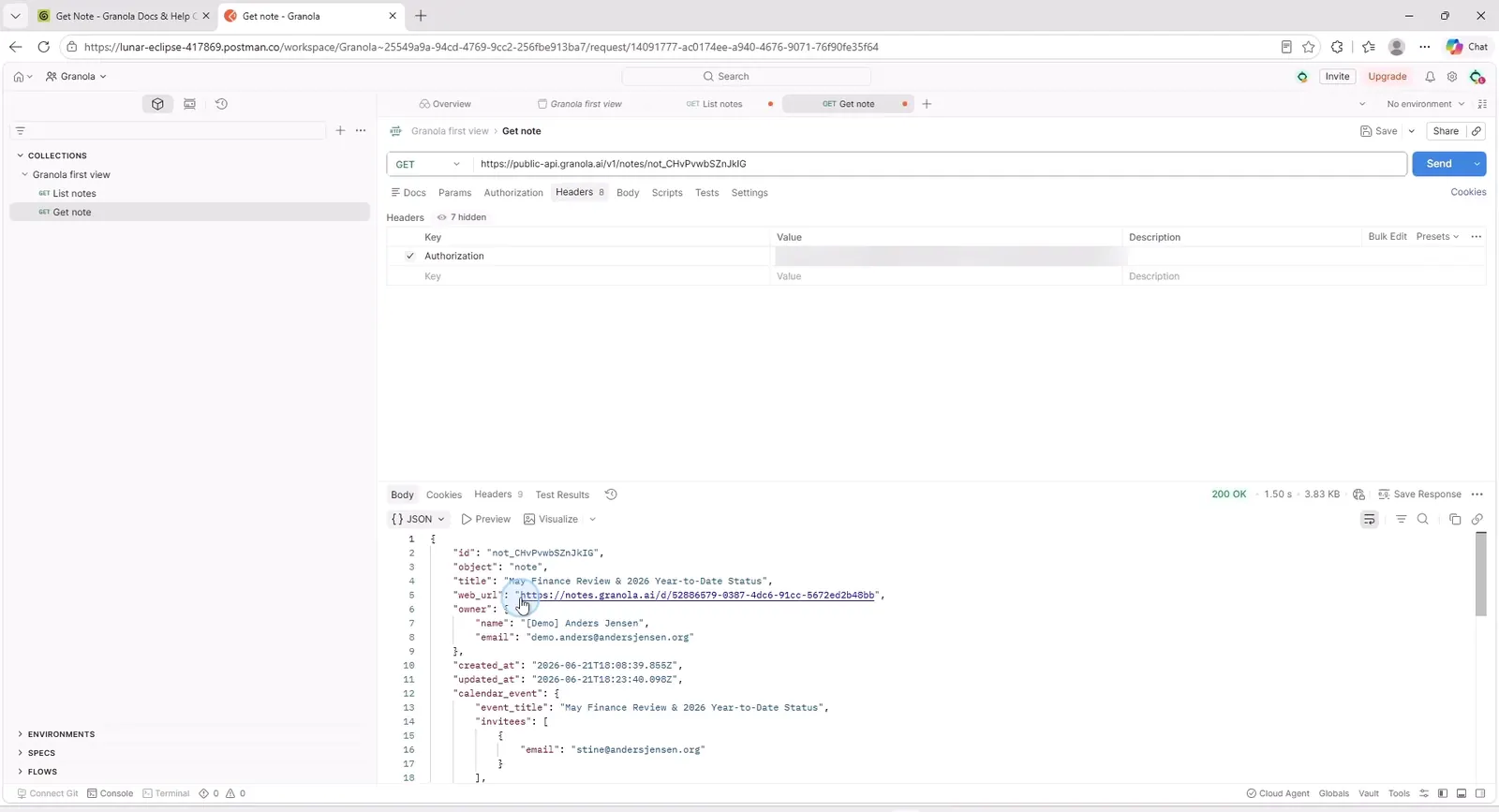 Postman med Get note-kaldet og svaret, hvor summary_text og web_url er synlige
