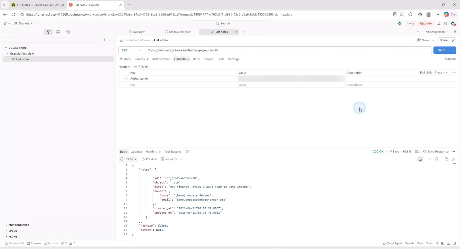 Postman med List notes-kaldet og JSON-svaret, der viser id, title og owner for den seneste note