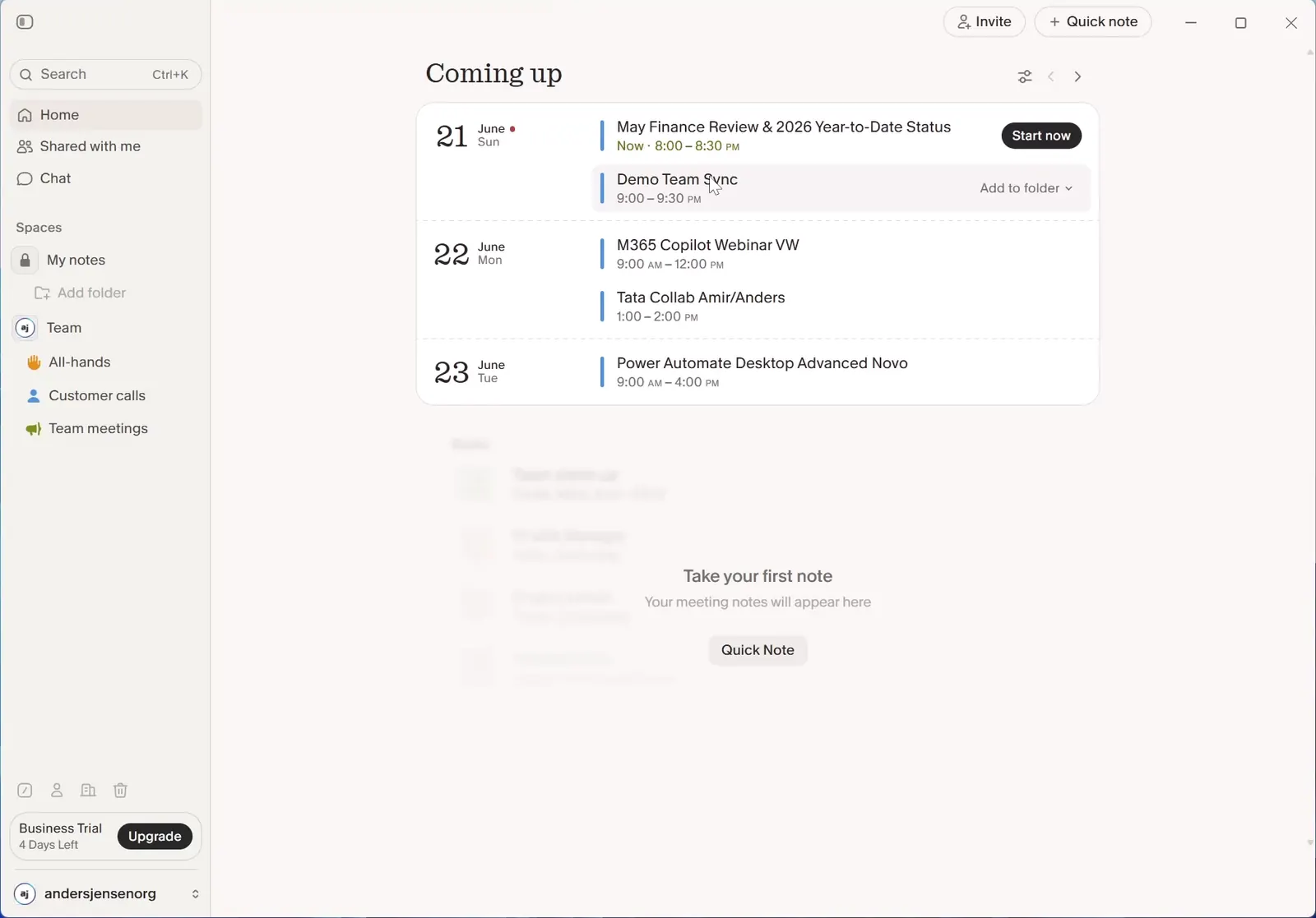 Granolas hjemmeskærm med Coming up og de kommende møder fra Outlook-kalenderen