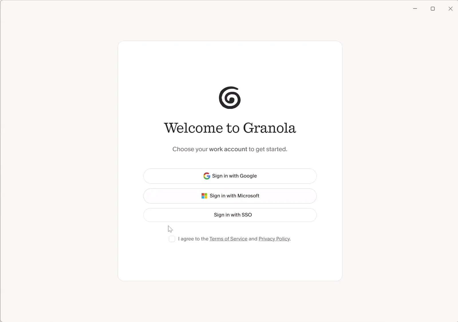 Granolas velkomstskærm med valgmulighederne Sign in with Google, Sign in with Microsoft og Sign in with SSO