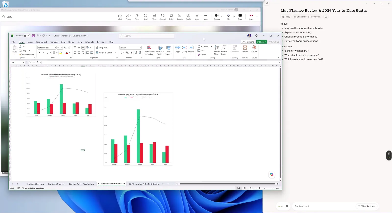 Et Teams-møde i gang med en Excel-fil delt på skærmen og Granolas notepanel ved siden af