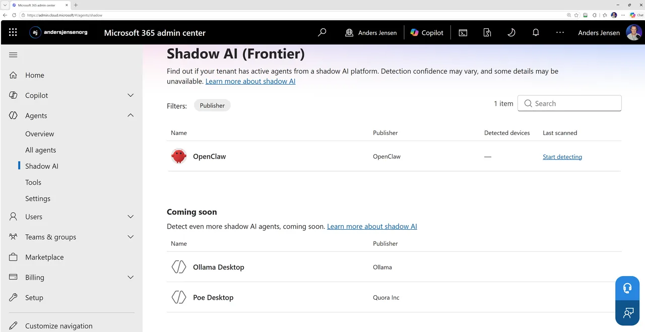 The Shadow AI (Frontier) page in the Microsoft 365 admin center with OpenClaw on the list of detectable agents, and Ollama Desktop and Poe Desktop under coming soon