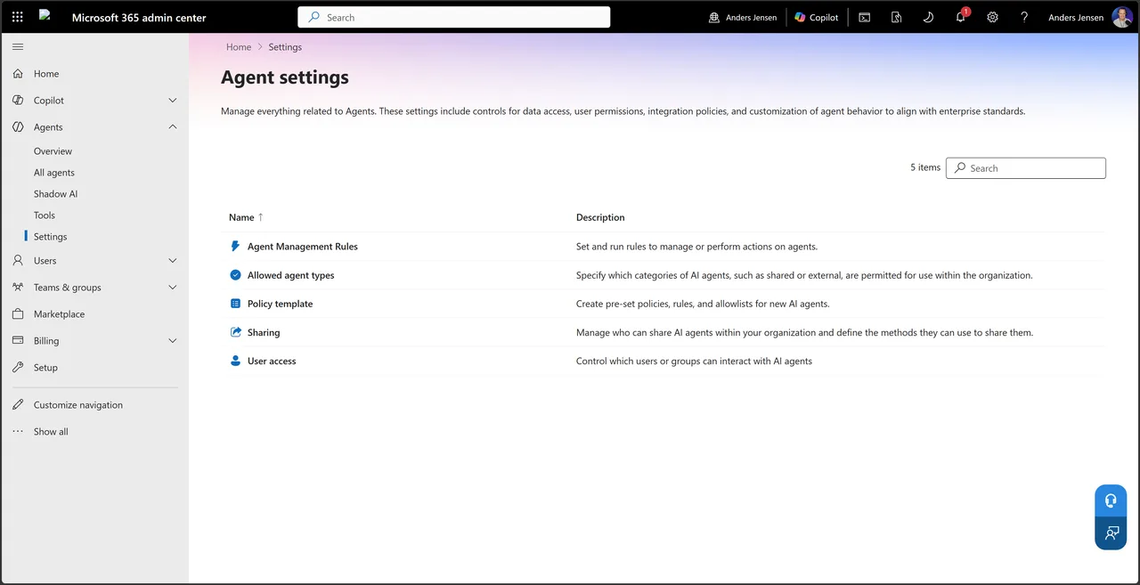The Agent settings page with the five controls Agent Management Rules, Allowed agent types, Policy template, Sharing, and User access