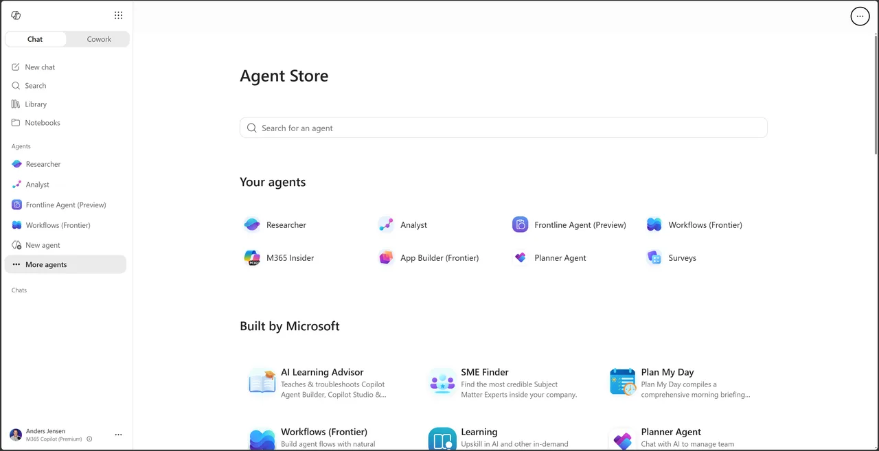 The Agent Store in Microsoft 365 Copilot with the user's available agents such as Researcher and Analyst