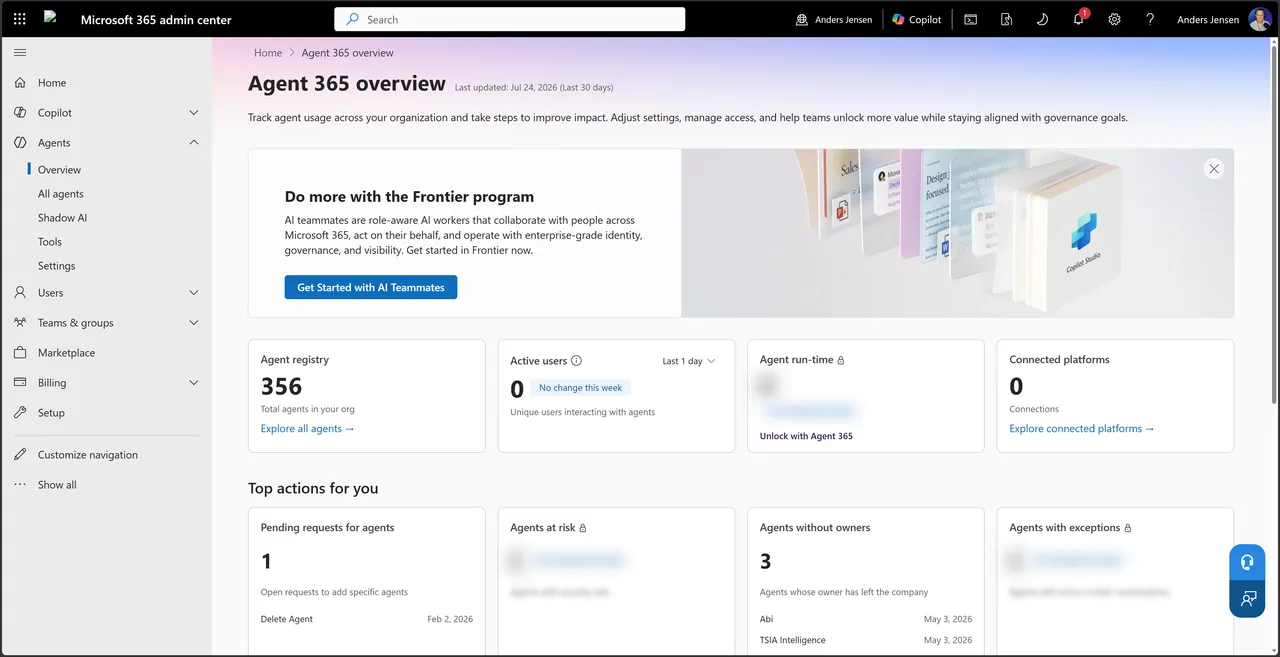 The Agent 365 overview page in the Microsoft 365 admin center with the Agents menu expanded and the Agent registry card showing 356 agents