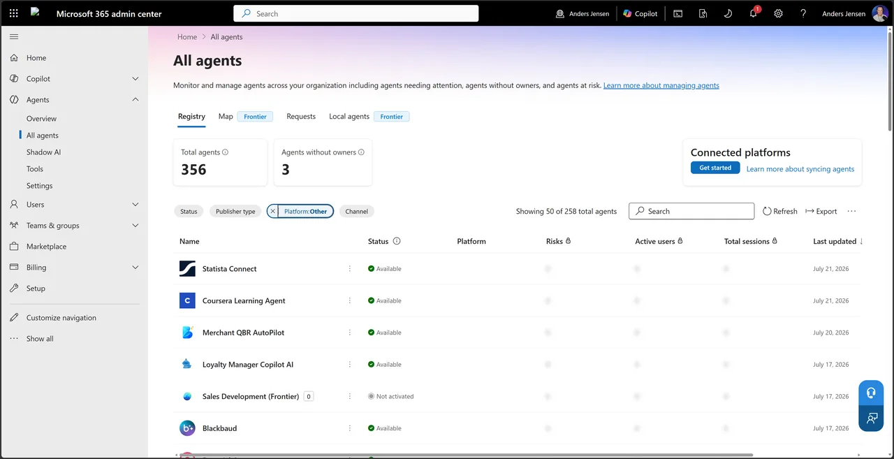 The registry list under All agents with filters and third-party agents such as Statista Connect and Coursera Learning Agent