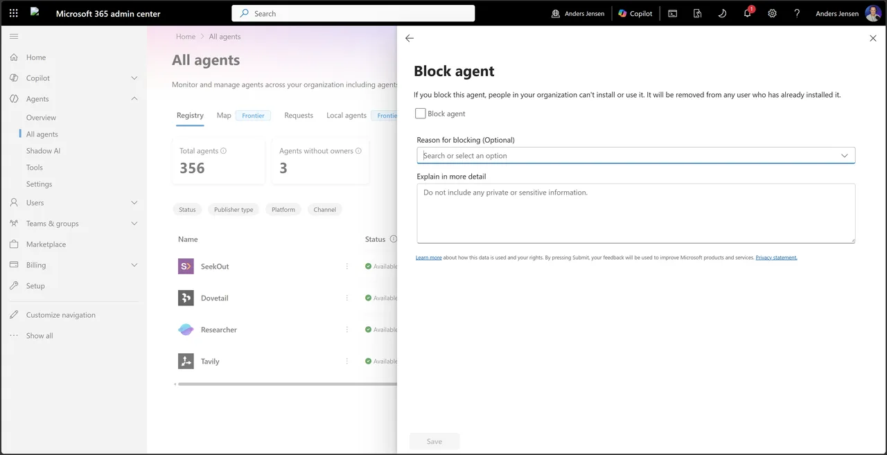 The Block agent panel with explanatory text, an optional reason for blocking, and a free-text field for details