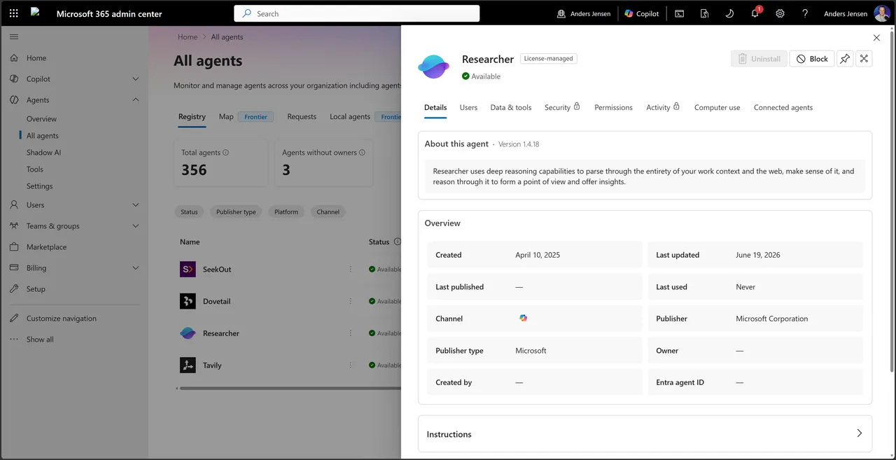 The Researcher agent's details panel with tabs for Details, Users, Data and tools, Permissions, and Computer use